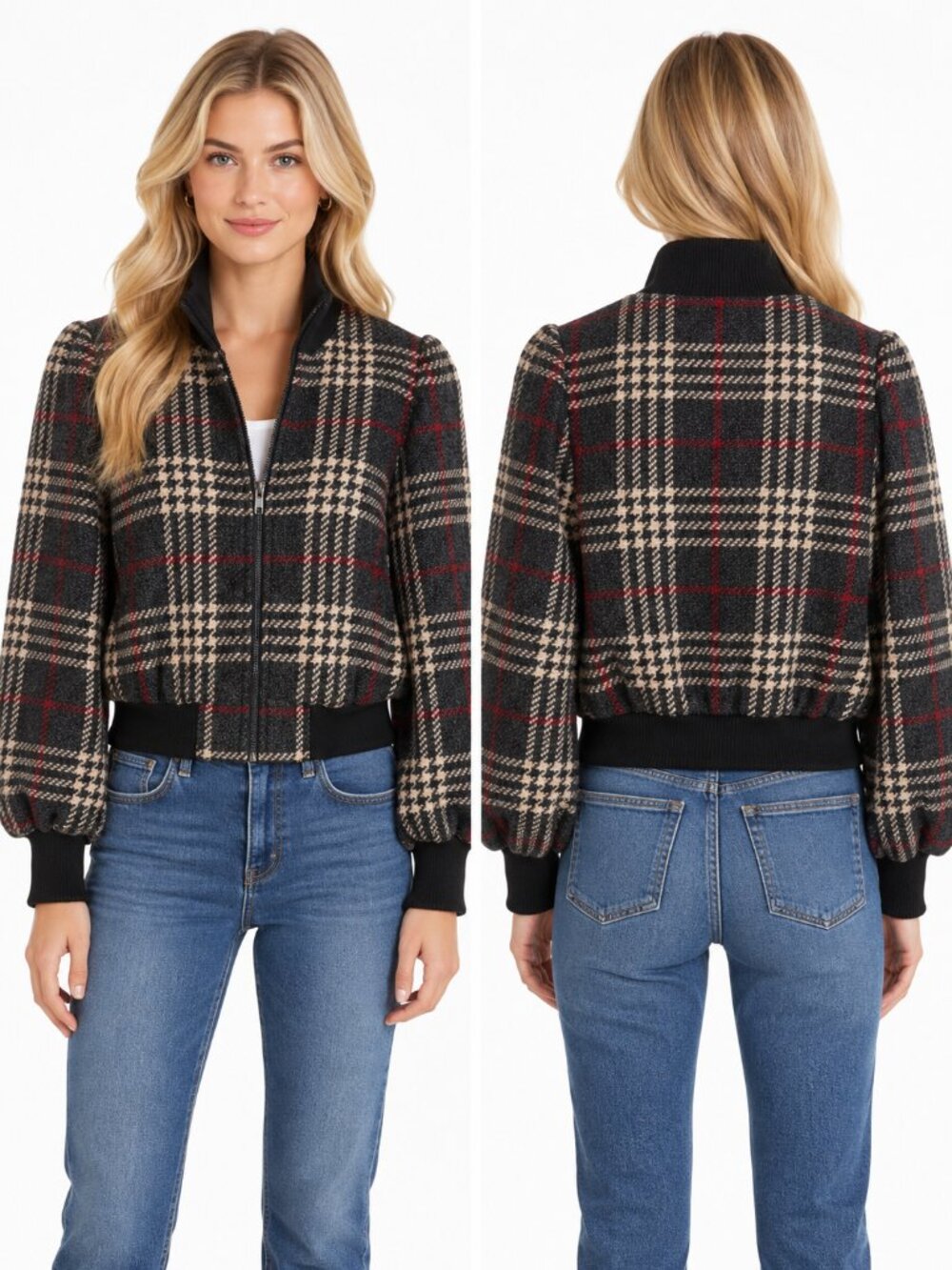 Express x Negin Mirsalehi Plaid Wool Blend Bomber Jacket Womens XS Cropped Chic